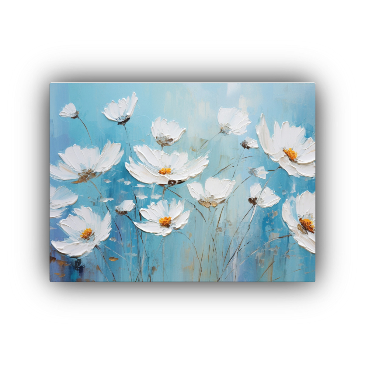 PINTURA DE FLORES EN LIENZO BLANCO Y AZUL: 40X30 CM - 1
