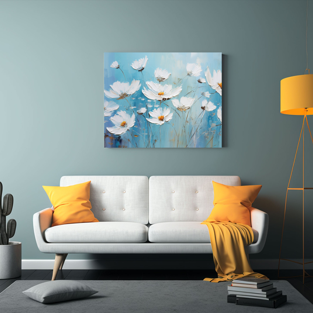 PINTURA DE FLORES EN LIENZO BLANCO Y AZUL: 40X30 CM - 2