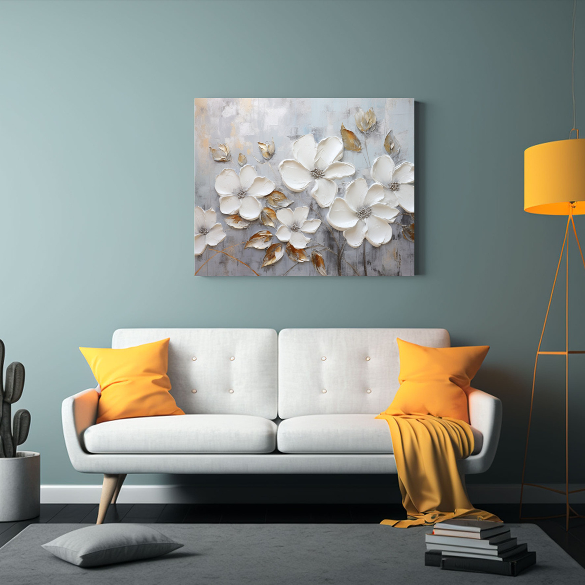 PINTURA EN LIENZO DE FLORES EN COLORES PLATEADOS 50X40 CM - 2