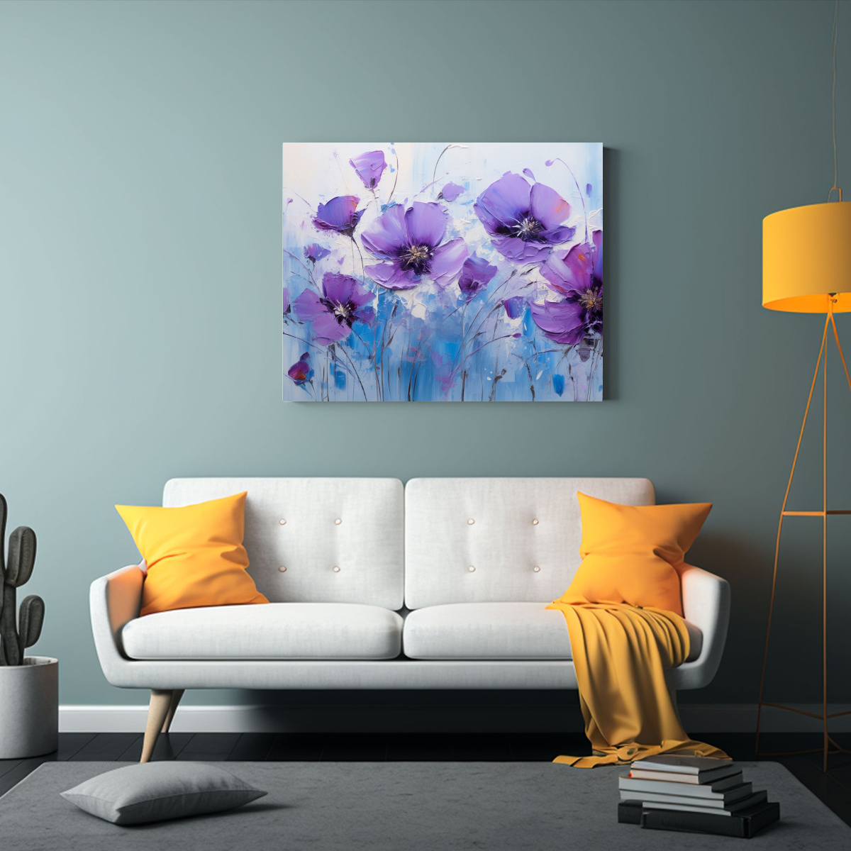 PINTURA EN LIENZO DE FLORES PÚRPURAS Y AZULES 65X50 CM - 2