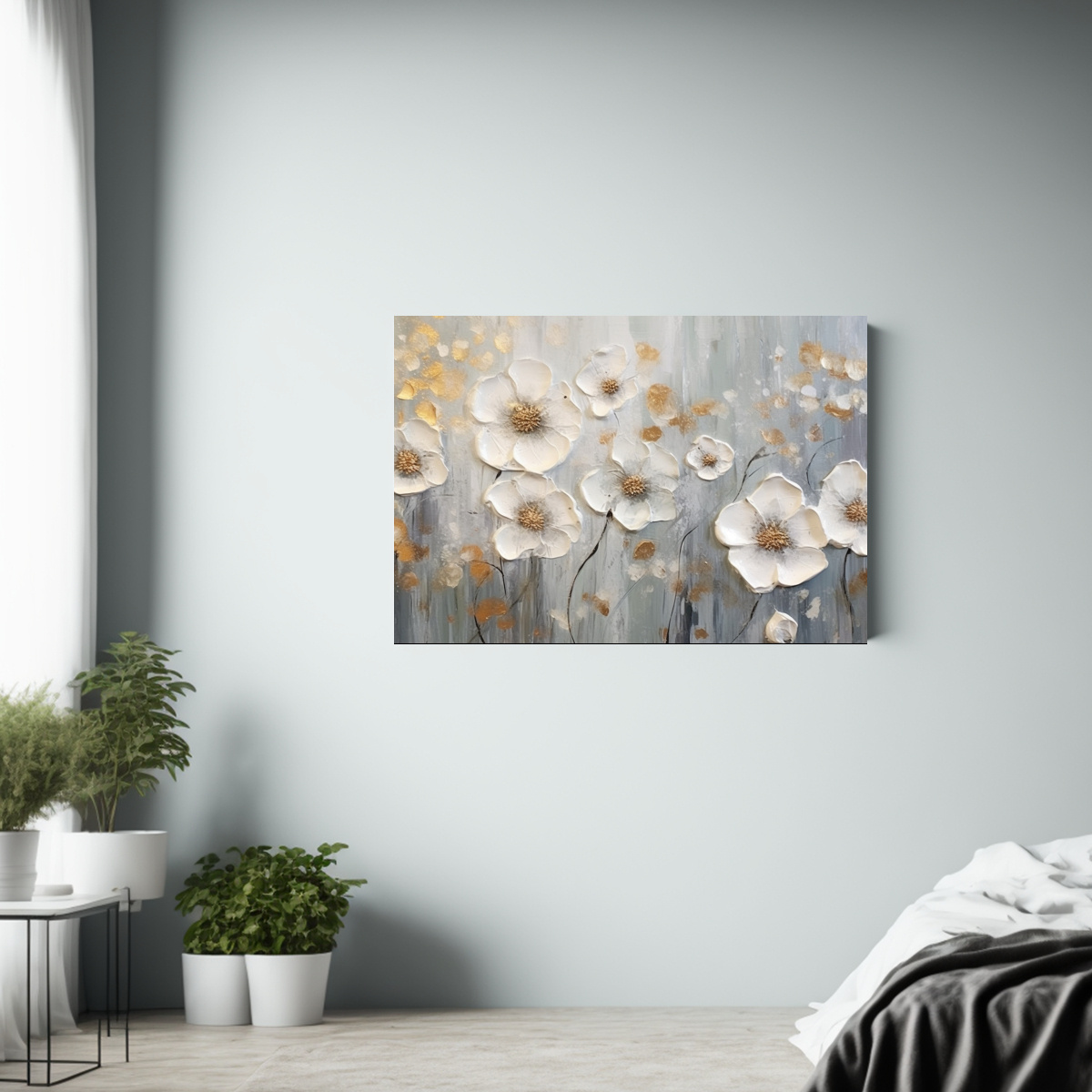 PINTURA AL ÓLEO ABSTRACTA DE FLORES GRIS Y 30X20 CM - 2