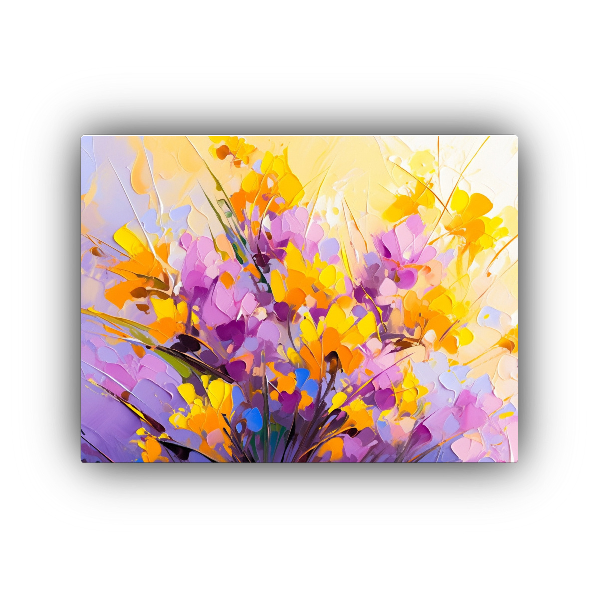 PINTURA EN LIENZO CON FLORES AMARILLAS Y MORADAS 45X30 CM - 1