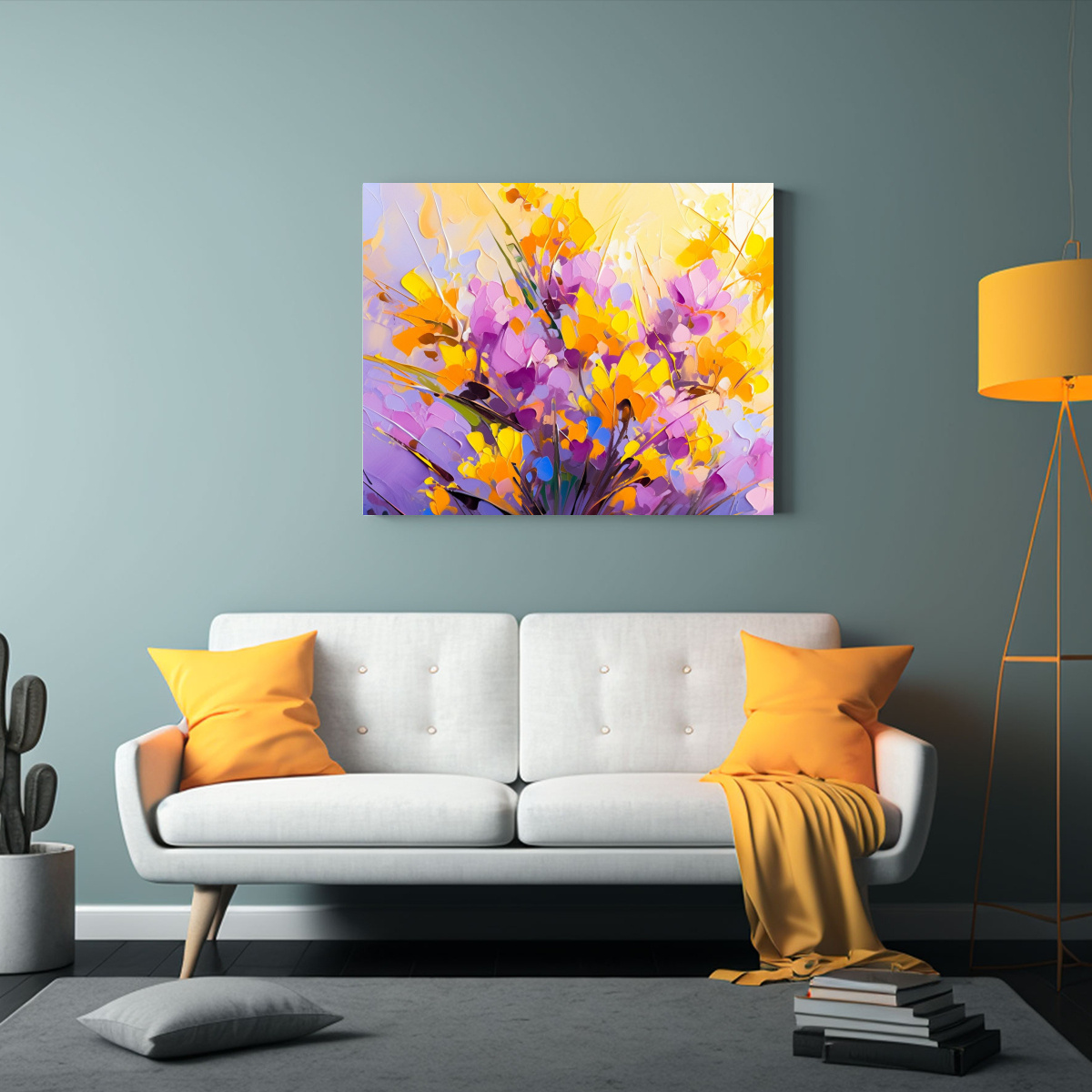 PINTURA EN LIENZO CON FLORES AMARILLAS Y MORADAS 45X30 CM - 2