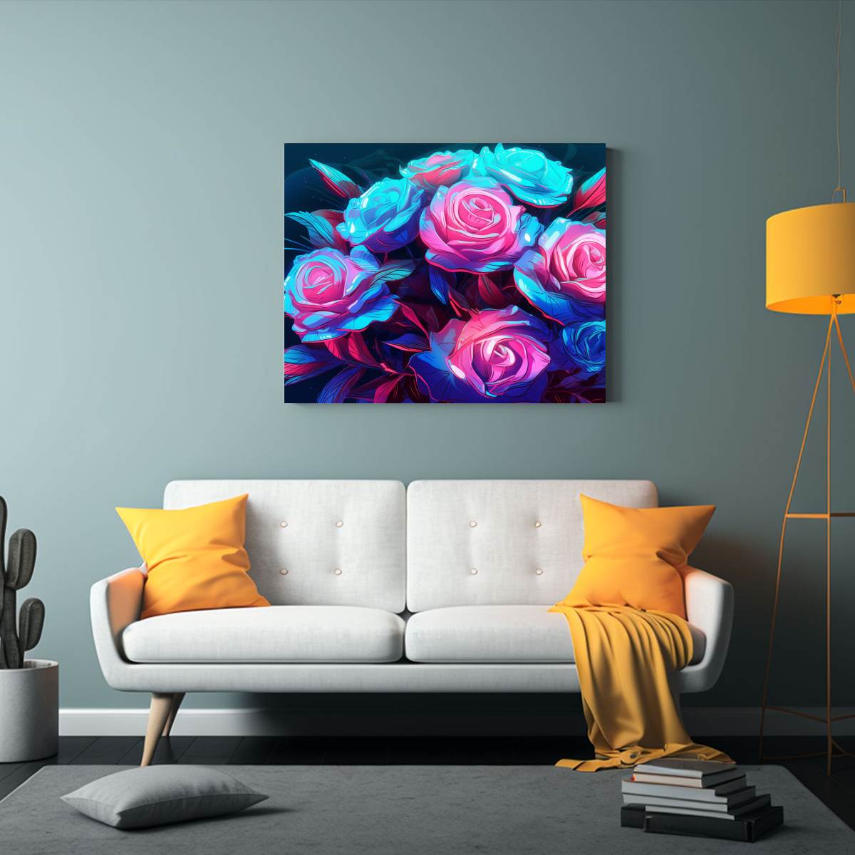 TELA DIBUJO ESTÉTICA VAPORWAVE ROSAS AZULES RAMO 90X60 CM - 2