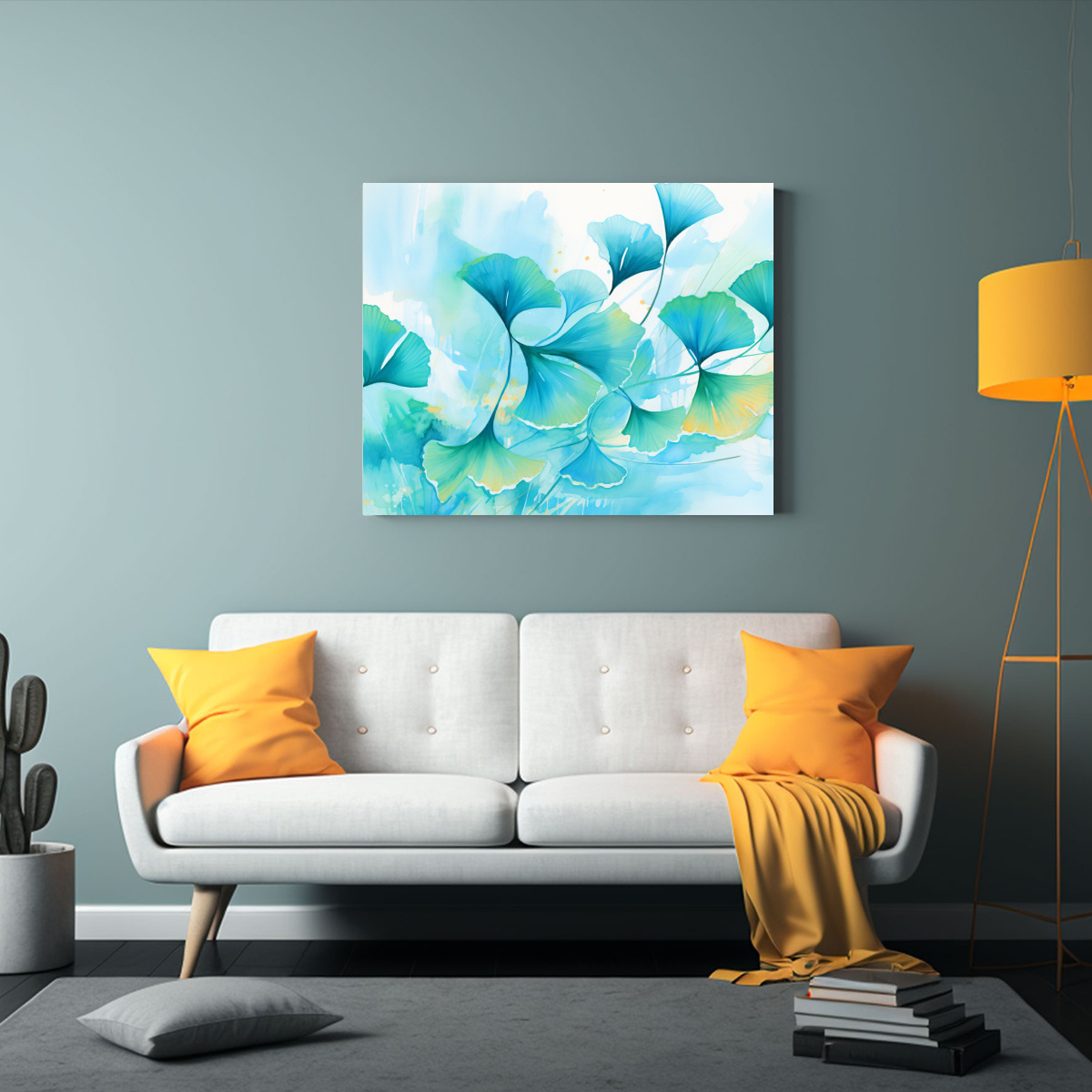 PINTURA MURAL DE HOJAS DE GINKGO EN COLORES AZUL 65X50 CM - 2