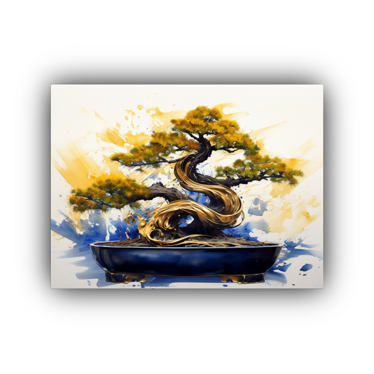CUADRO ABSTRACTO ÁRBOL BONSÁI AZUL Y DORADO CON 65X50 CM - 1