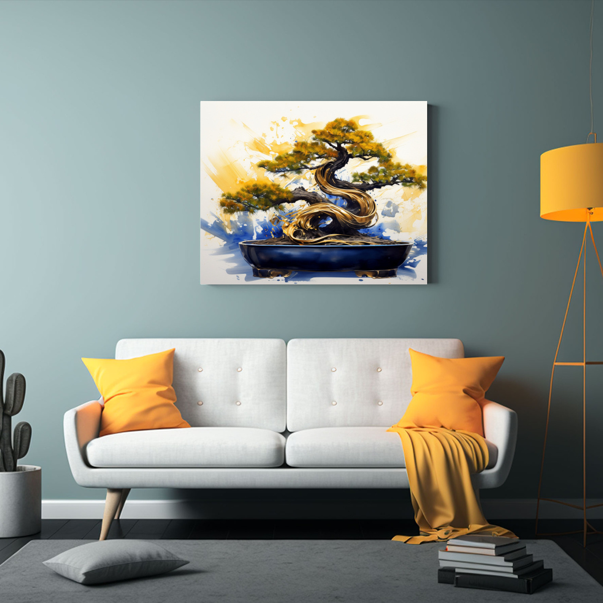 CUADRO ABSTRACTO ÁRBOL BONSÁI AZUL Y DORADO CON 65X50 CM - 2