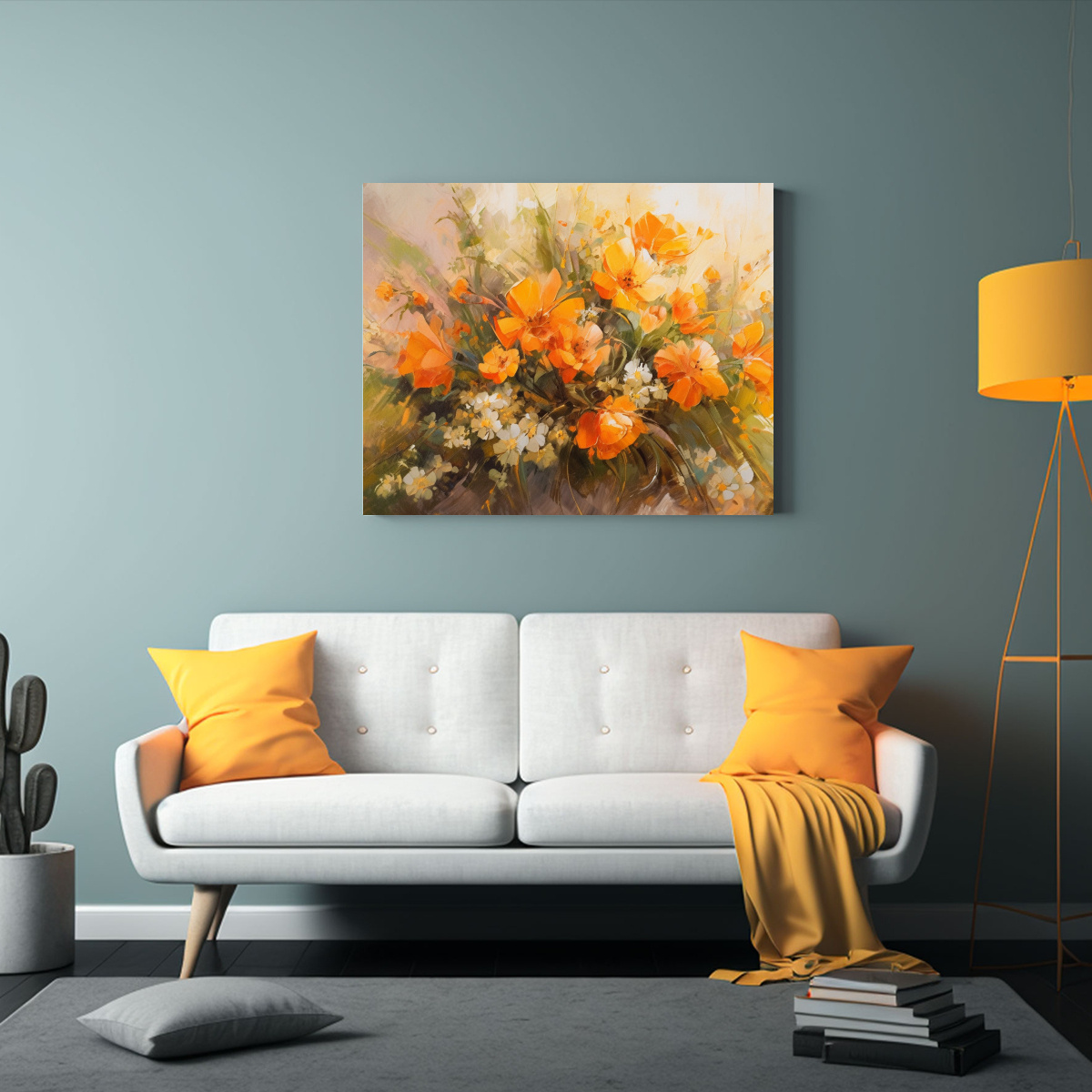 PINTURA DE FLORES AMARILLAS Y NARANJAS EN LIENZO 45X30 CM - 2