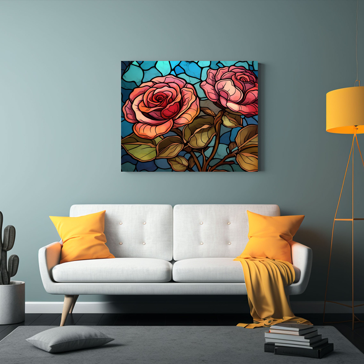 CUADRO DE ARTE 3D CON ROSAS DE VIDRIO MANCHADO 45X30 CM - 2