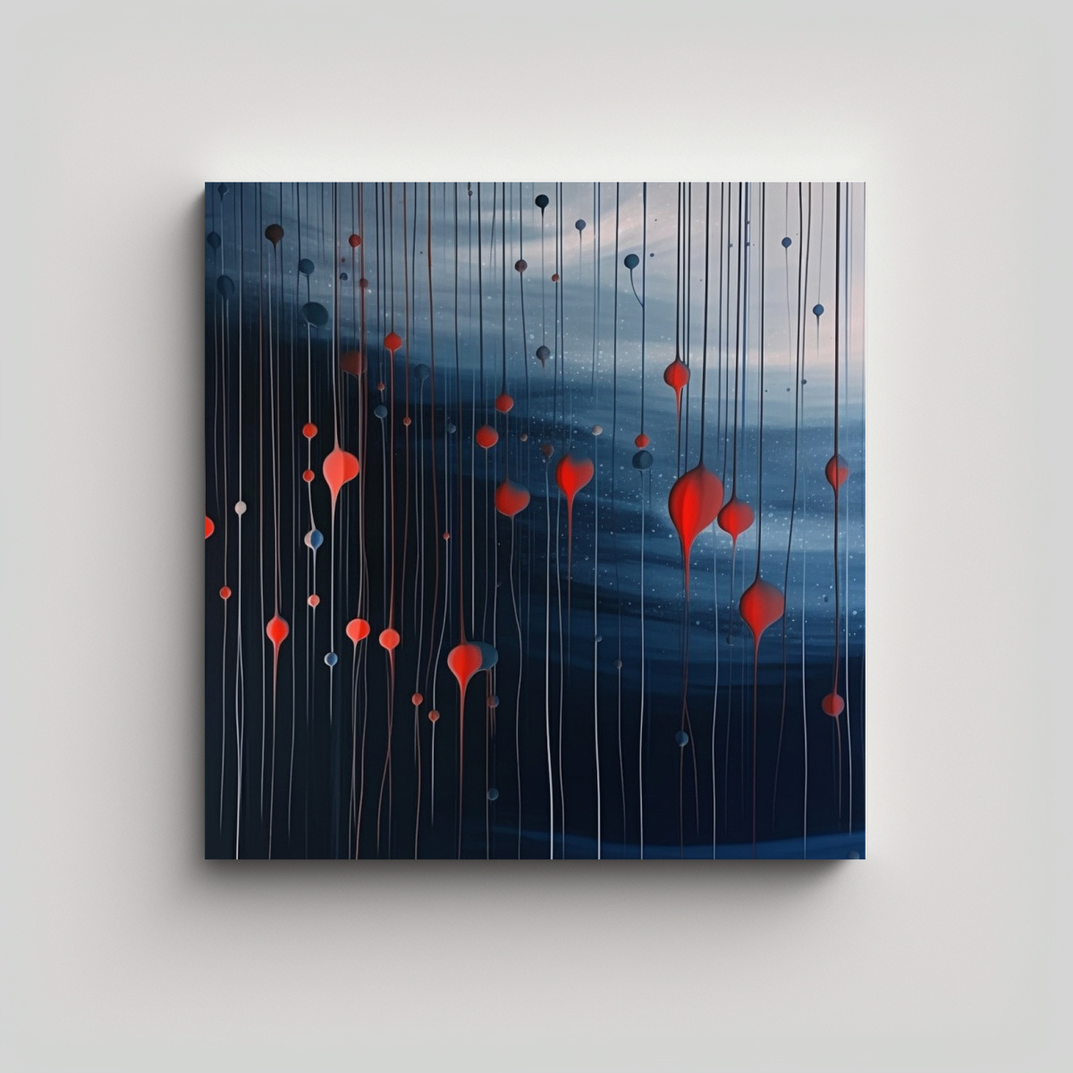 CUADRO DECORATIVO: LÍNEAS AZULES Y GOTAS ROJAS 100X100 CM - 1