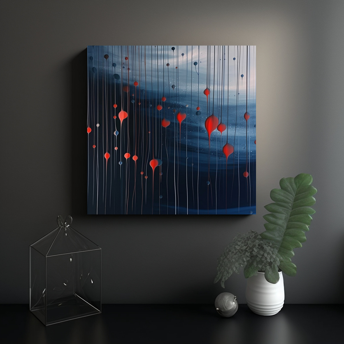 CUADRO DECORATIVO: LÍNEAS AZULES Y GOTAS ROJAS 100X100 CM - 2