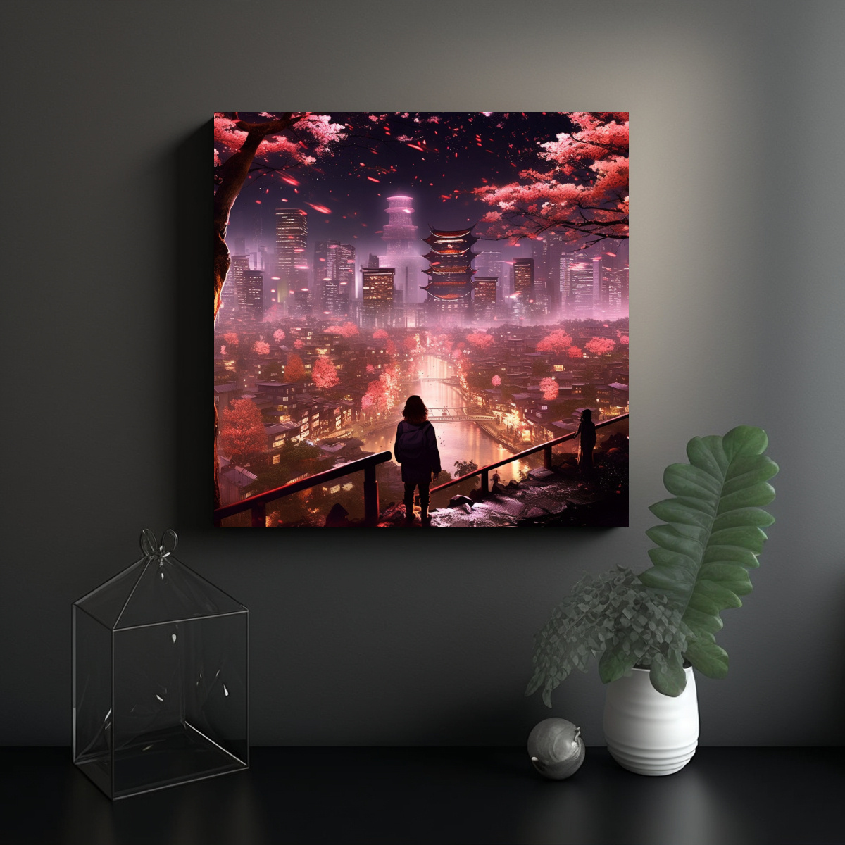 PINTURA DECORATIVA JAPONESA NOCTURNA CON CEREZOS 20X20 CM - 2