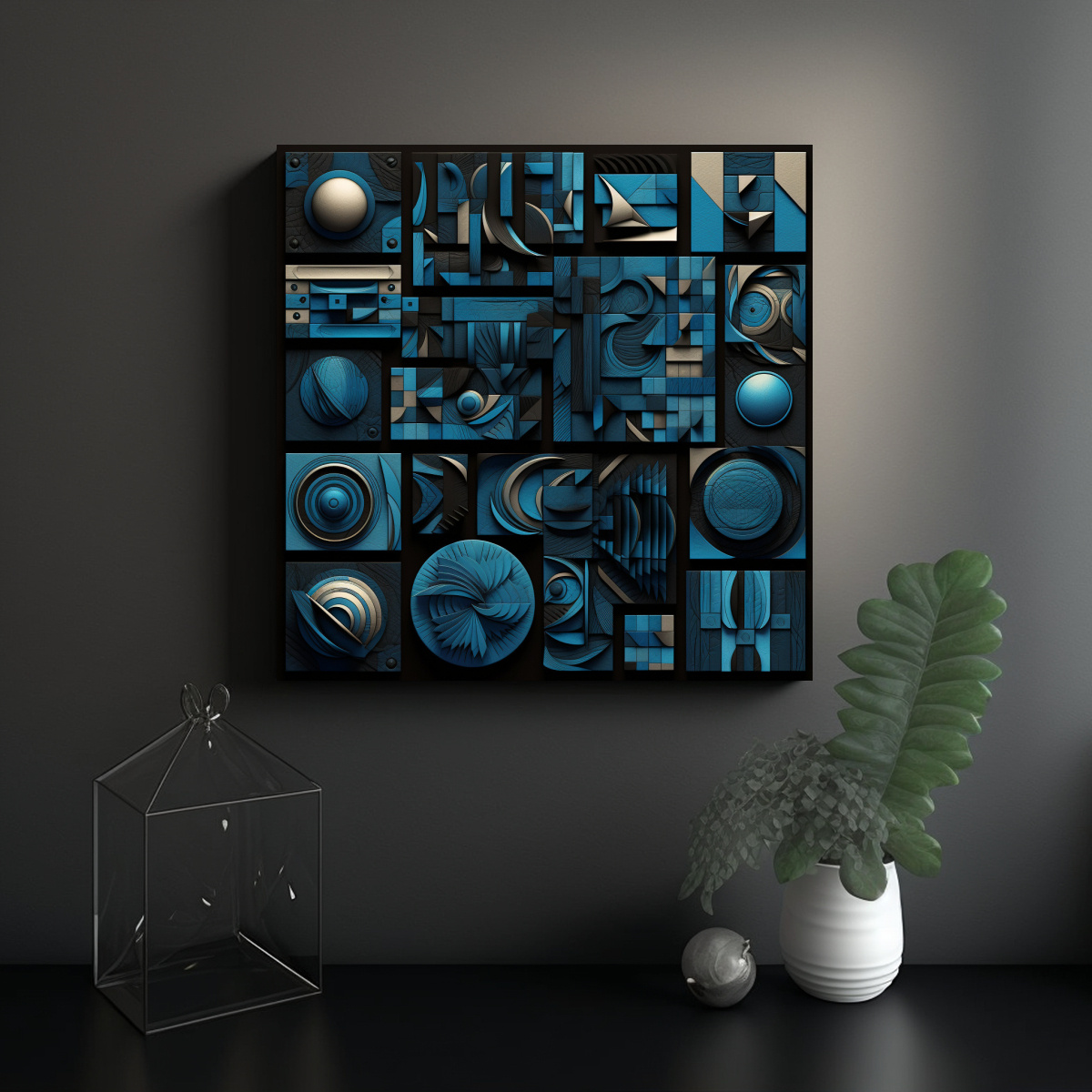 CUADROS ABSTRACTOS GEOMÉTRICOS EN NEGRO Y AZUL 30X30 CM - 2