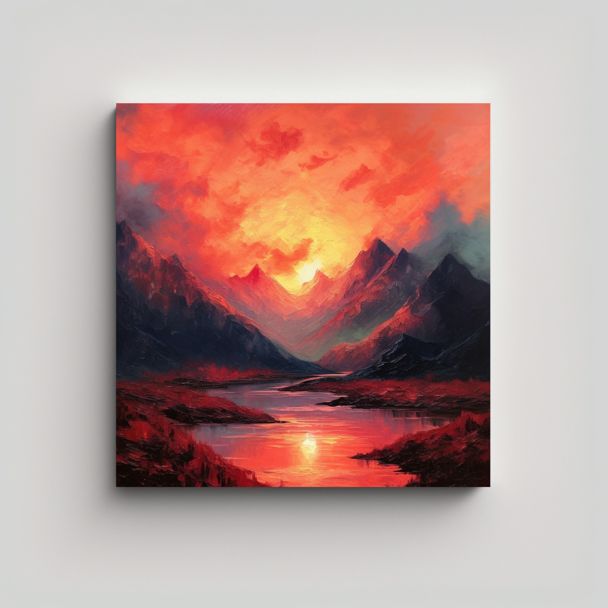 PAISAJE MONTAÑOSO Y ACUÁTICO CON CIELO ROJO EN 90X90 CM - 1