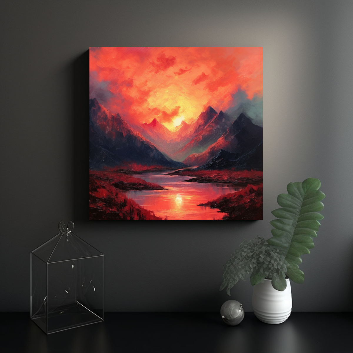 PAISAJE MONTAÑOSO Y ACUÁTICO CON CIELO ROJO EN 90X90 CM - 2