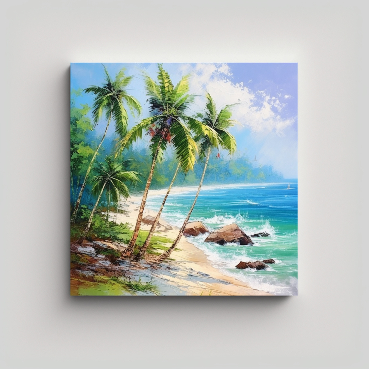 PINTURAS DE PLAYA BRILLANTE CON PALMERAS EN 40X40 CM - 1