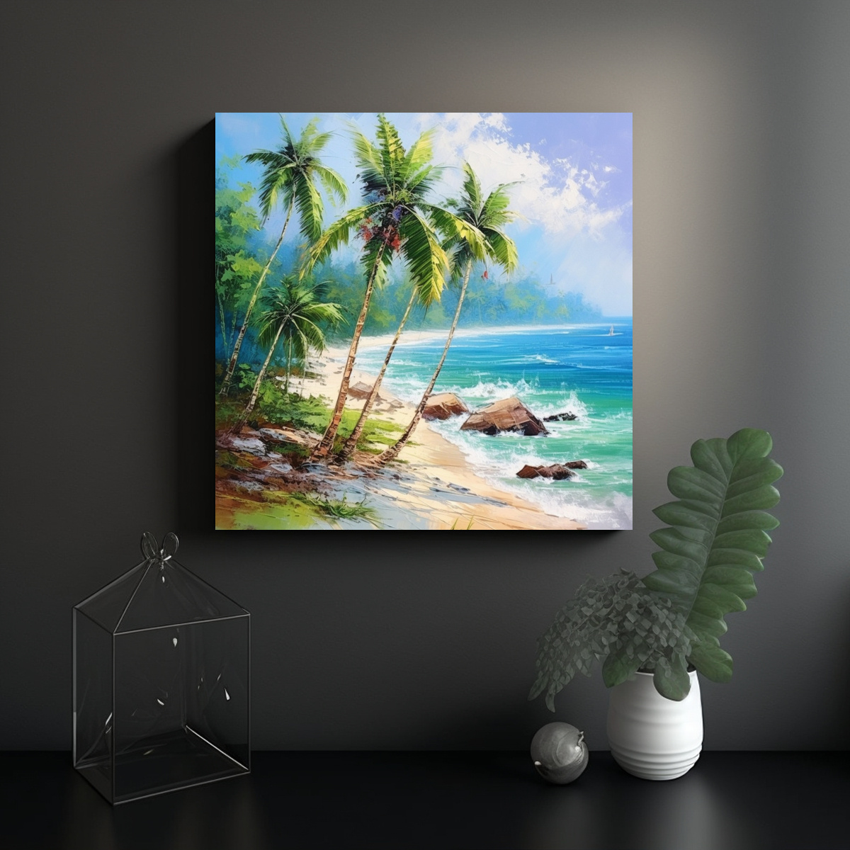 PINTURAS DE PLAYA BRILLANTE CON PALMERAS EN 40X40 CM - 2