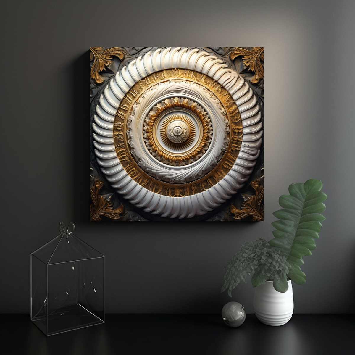 CUADRO ABSTRACTO BLANCO Y DORADO CON ESPIRAL 50X50 CM - 2