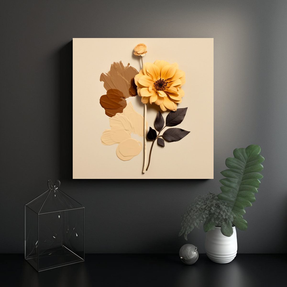 CUADRO EN LIENZO AMARILLO CON PINTURA MARRÓN Y 40X40 CM - 2
