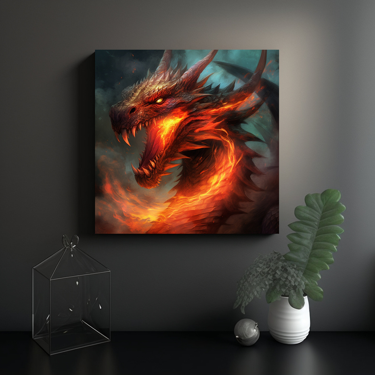 PINTURA DECORATIVA ADORABLE DRAGÓN DE FUEGO EN 90X90 CM - 2