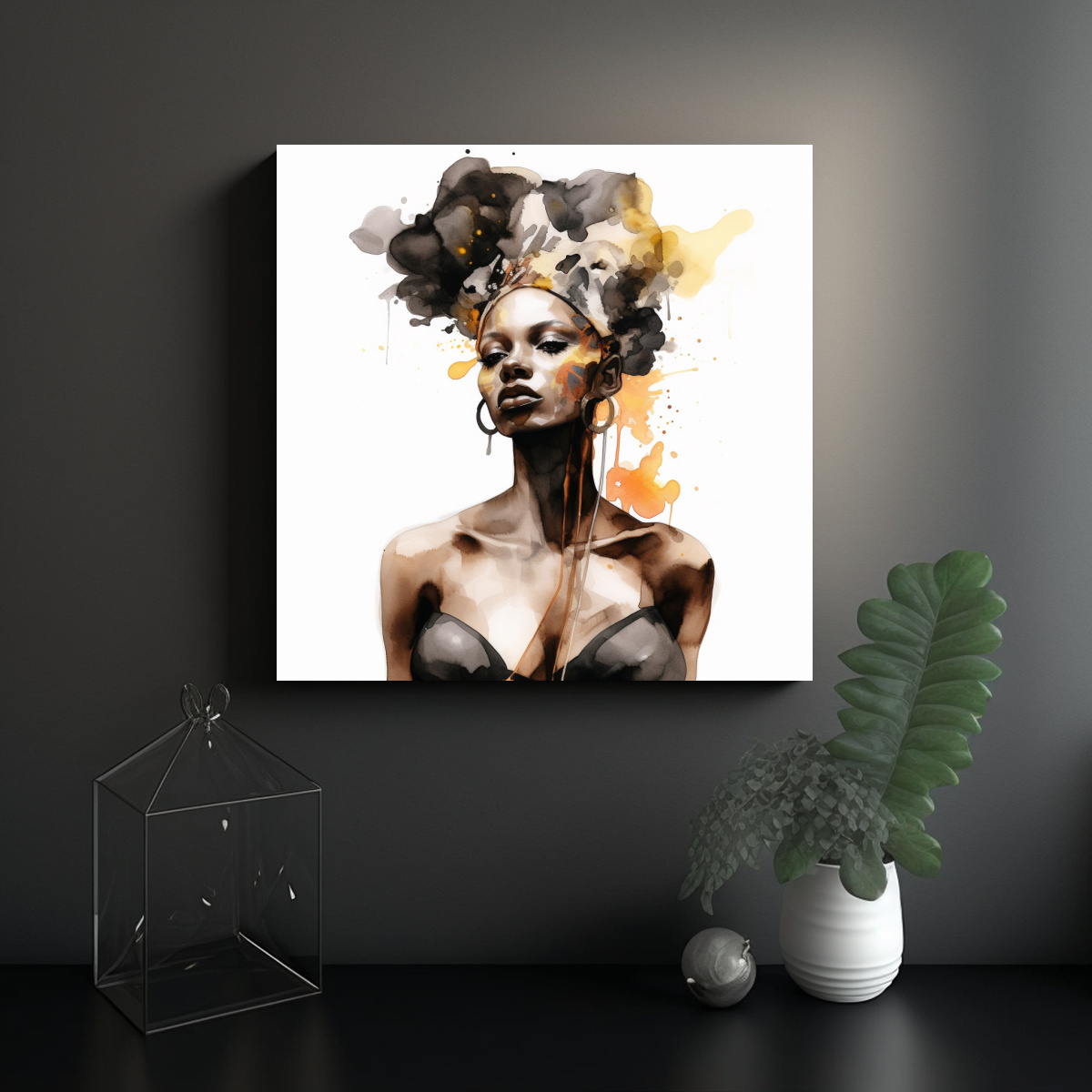 CUADRO ACUARELA MUJER NEGRA TONOS PROTAGONISMO 30X30 CM - 2