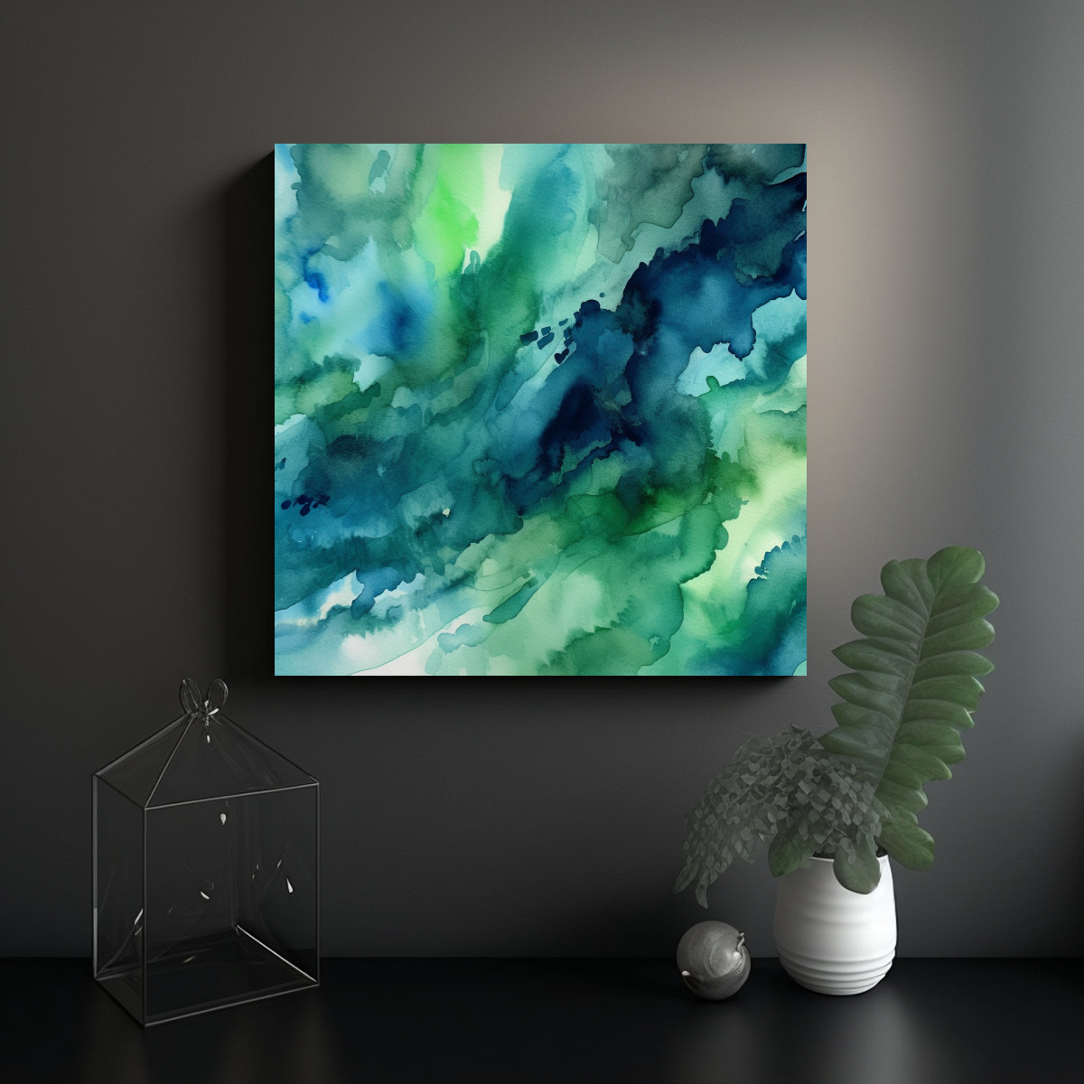 CUADROS ABSTRACTOS ACUARELA VERDE AZUL FANTASÍA 100X100 CM - 2
