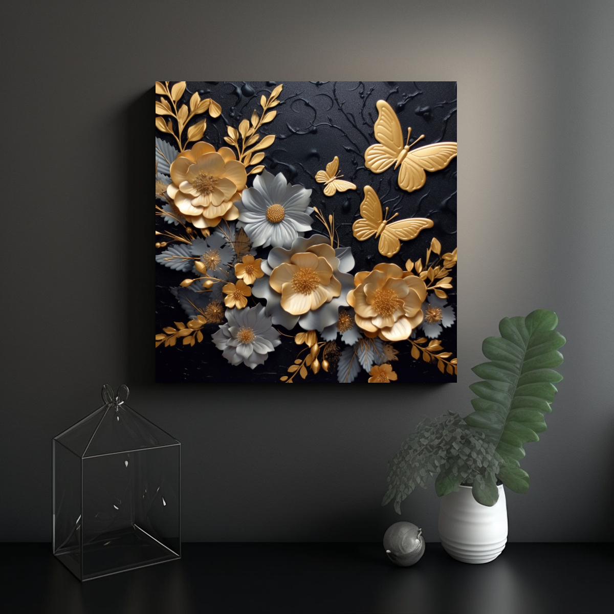 CUADRO ARTE GRAFICO 3D MARIPOSAS Y FLORES HOJA 20X20 CM - 2