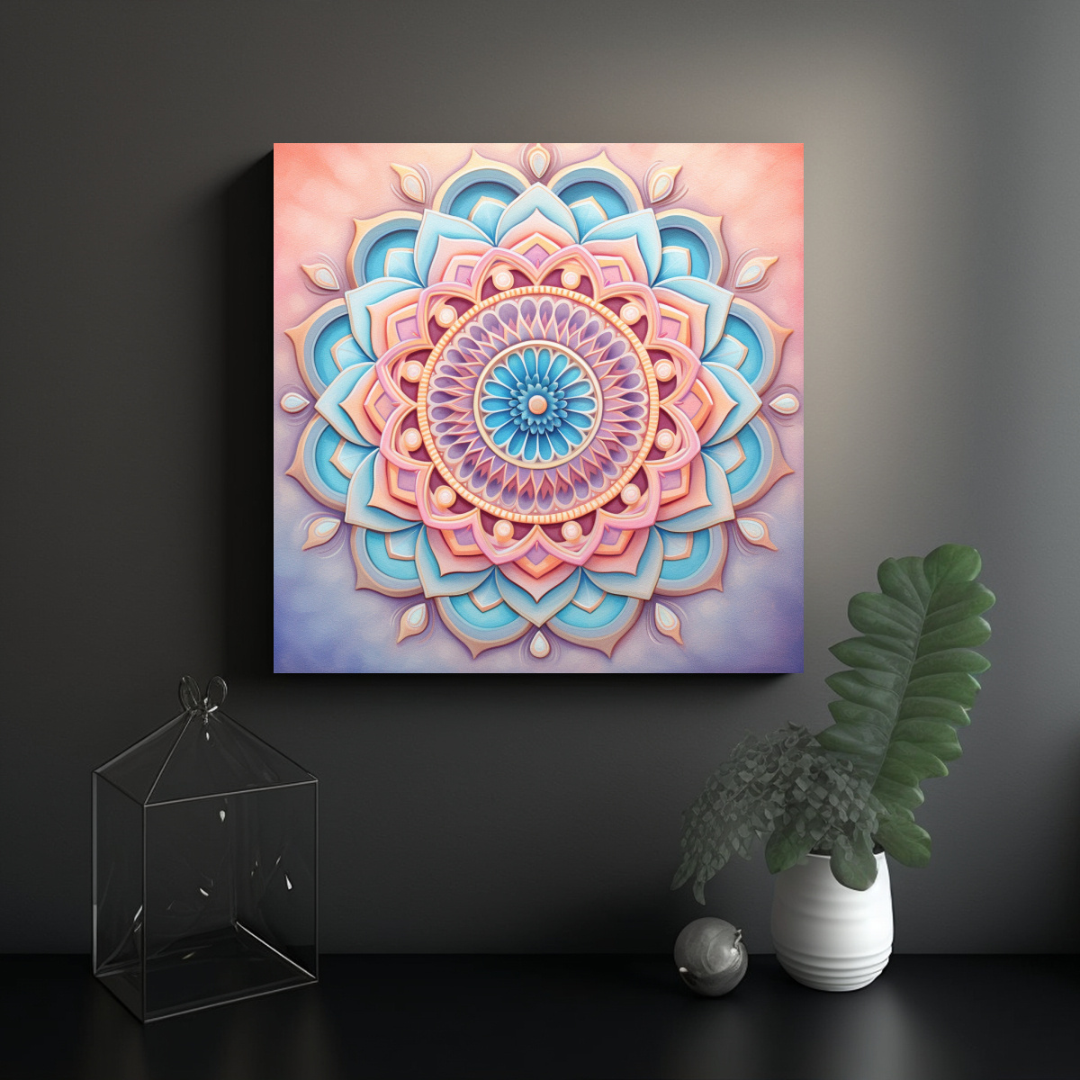 CUADRO TELA MANDALA EN TONOS PASTEL CLARO: 90X90 CM - 2