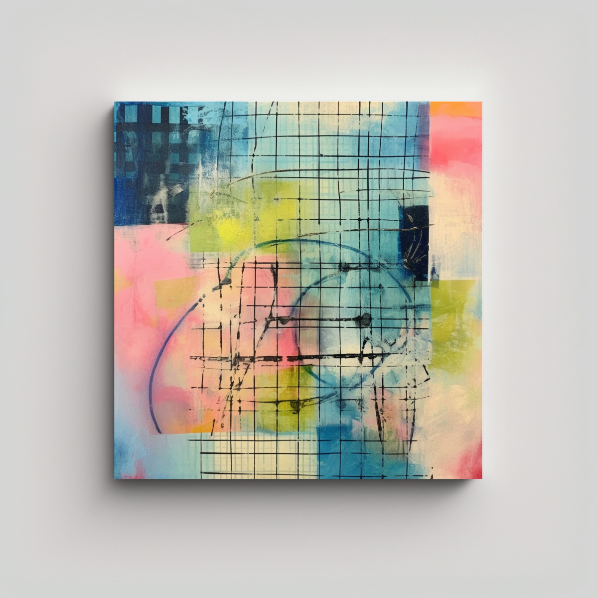CUADRO ABSTRACTO CON REJILLA EN AZUL Y ROSA: 20X20 CM - 1