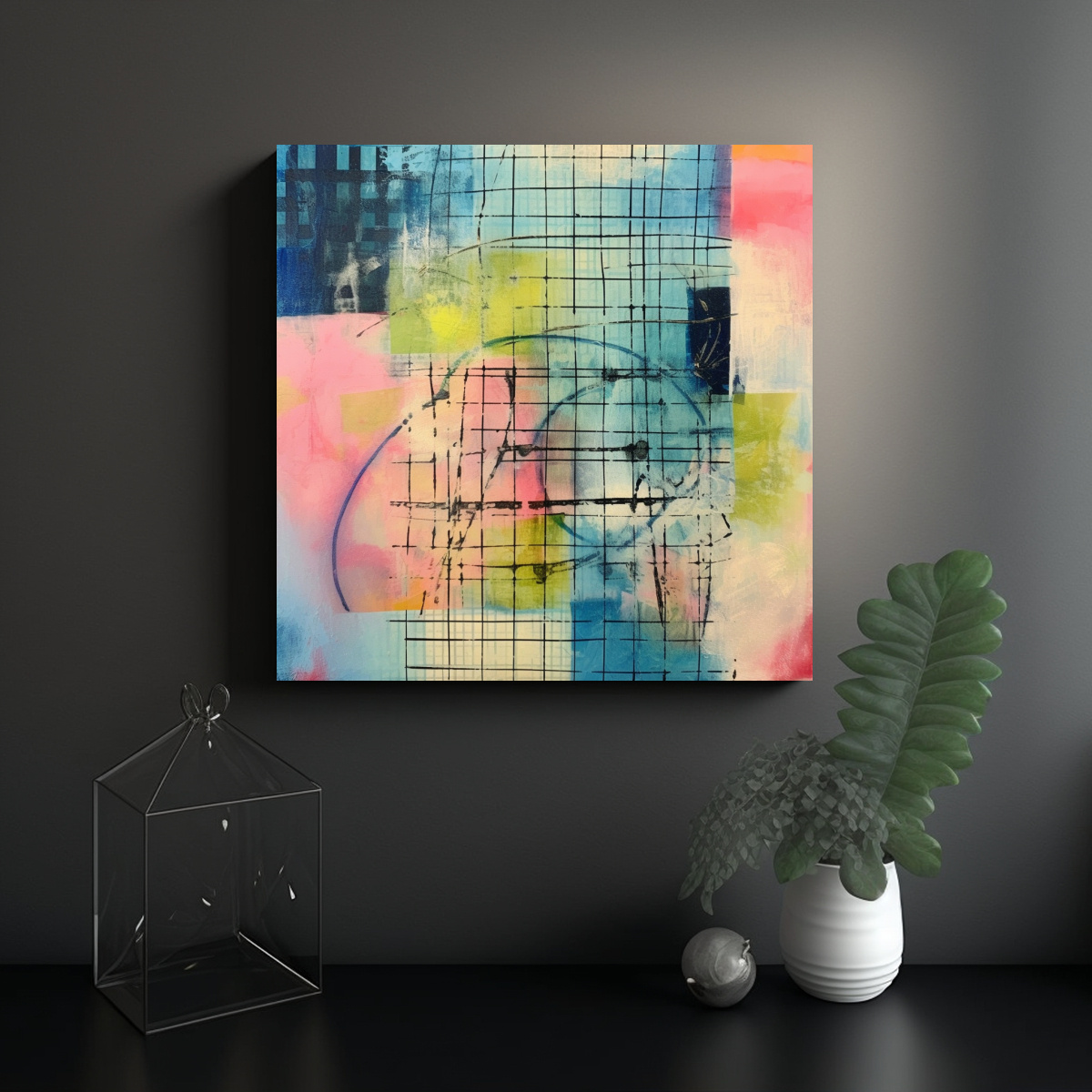 CUADRO ABSTRACTO CON REJILLA EN AZUL Y ROSA: 20X20 CM - 2
