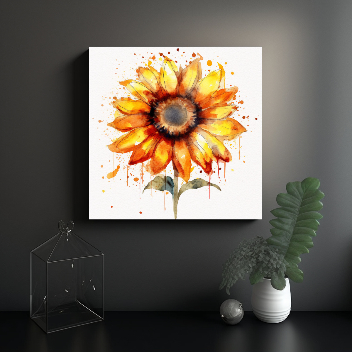 PINTURA ABSTRACTA DE GIRASOL ACUARELA EN FONDO 80X80 CM - 2