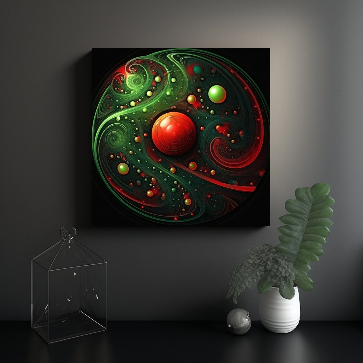 CUADRO MODERNO YIN YANG CON FIGURA EN ROJO Y VERDE 90X90 CM - 2