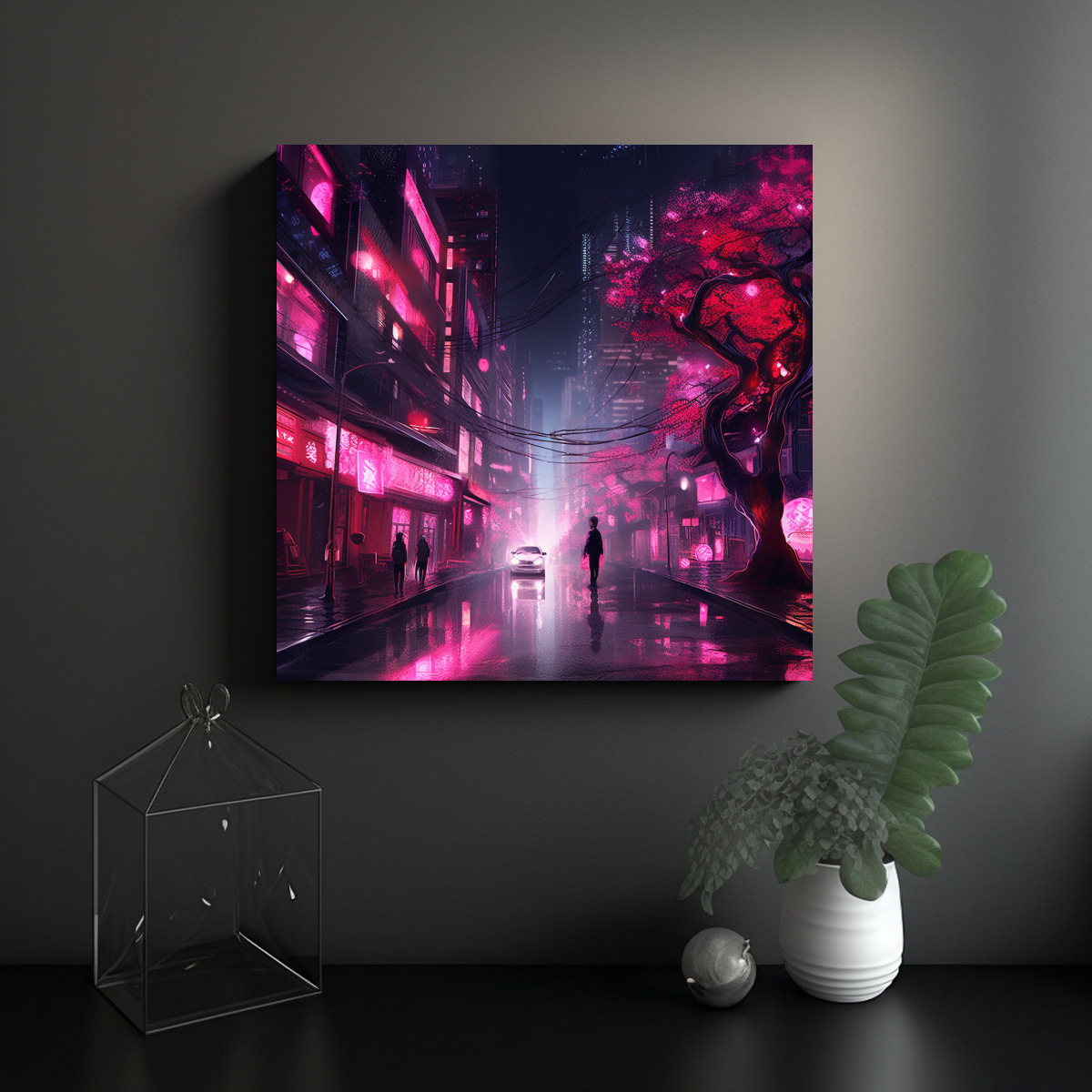CUADRO TEMA ÉPOCA CIUDAD NEÓN ROSA NOCHE 60X60 CM - 2