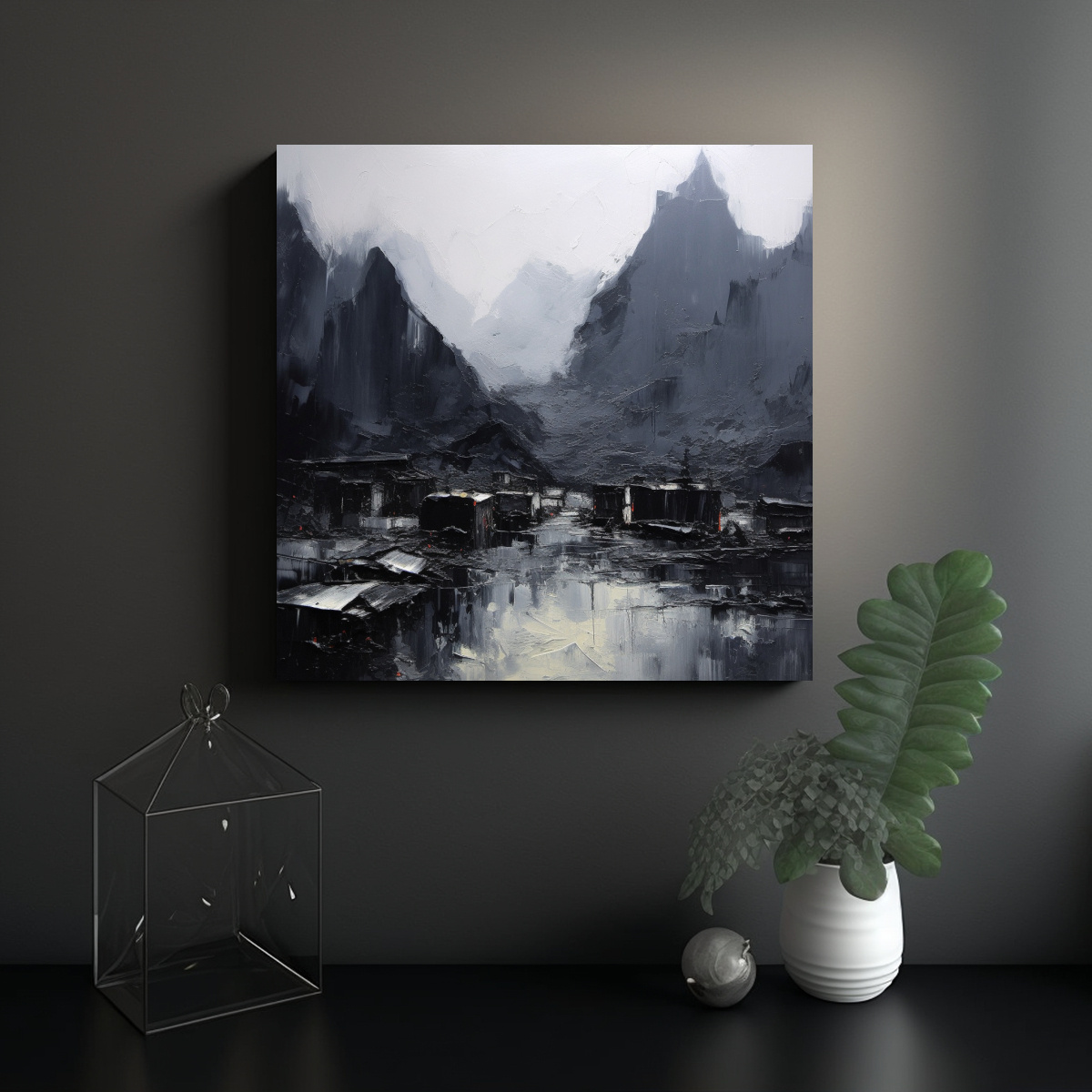 CUADRO EN LIENZO CON MONTAÑAS NEGRAS, ARTE 90X90 CM - 2