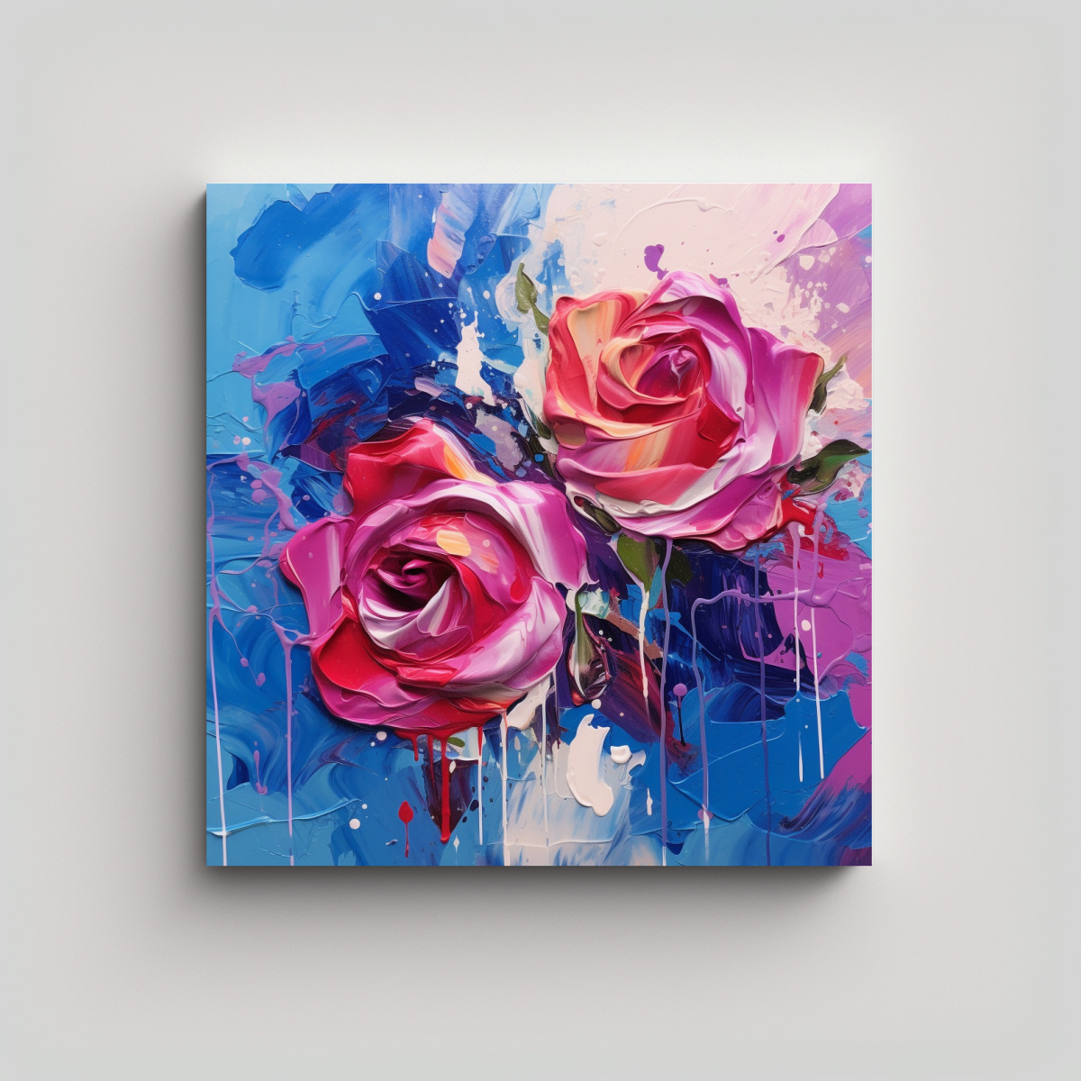 PINTURA ABSTRACTA DE ROSAS ROJAS Y VIOLETAS 60X60 CM - 1