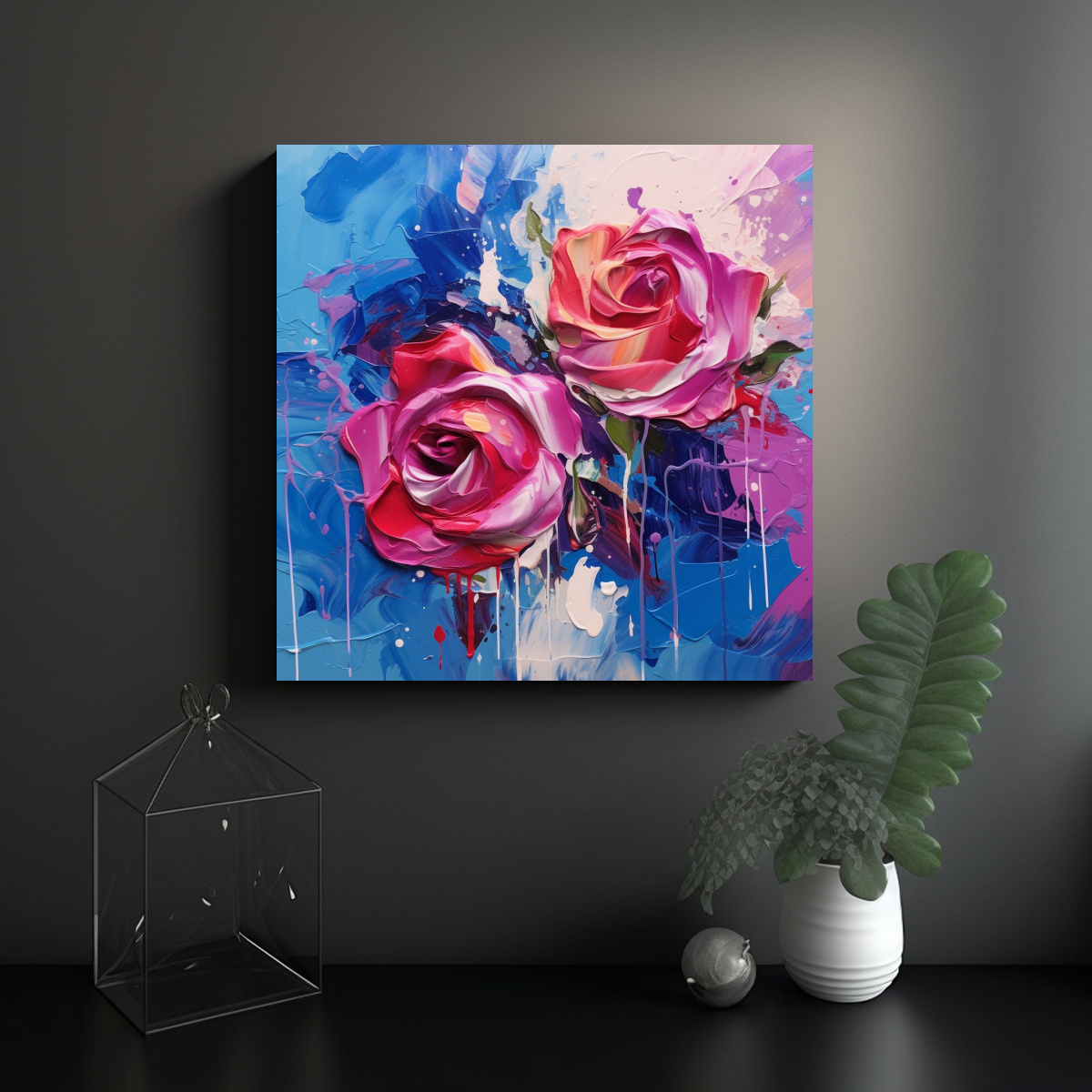 PINTURA ABSTRACTA DE ROSAS ROJAS Y VIOLETAS 60X60 CM - 2