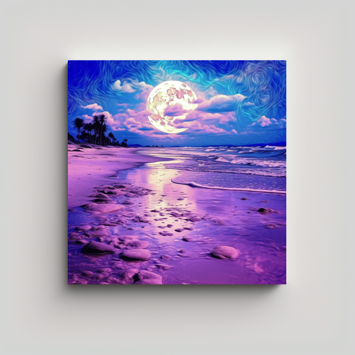 CUADRO DIBUJO PLAYA LUNA PÚRPURA PSICODÉLICA: 20X20 CM - 1