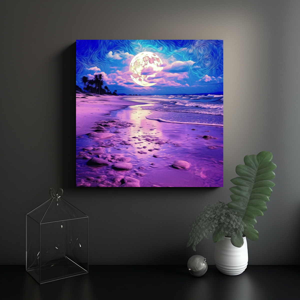 CUADRO DIBUJO PLAYA LUNA PÚRPURA PSICODÉLICA: 20X20 CM - 2