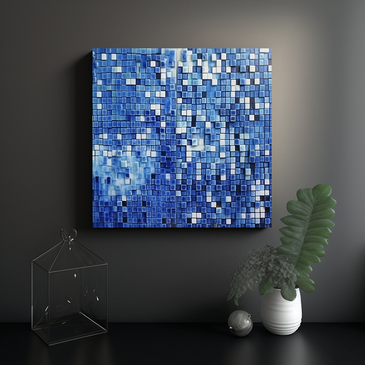CUADRO ABSTRACTO DE AZULEJOS AZULES Y BLANCOS 20X20 CM - 2