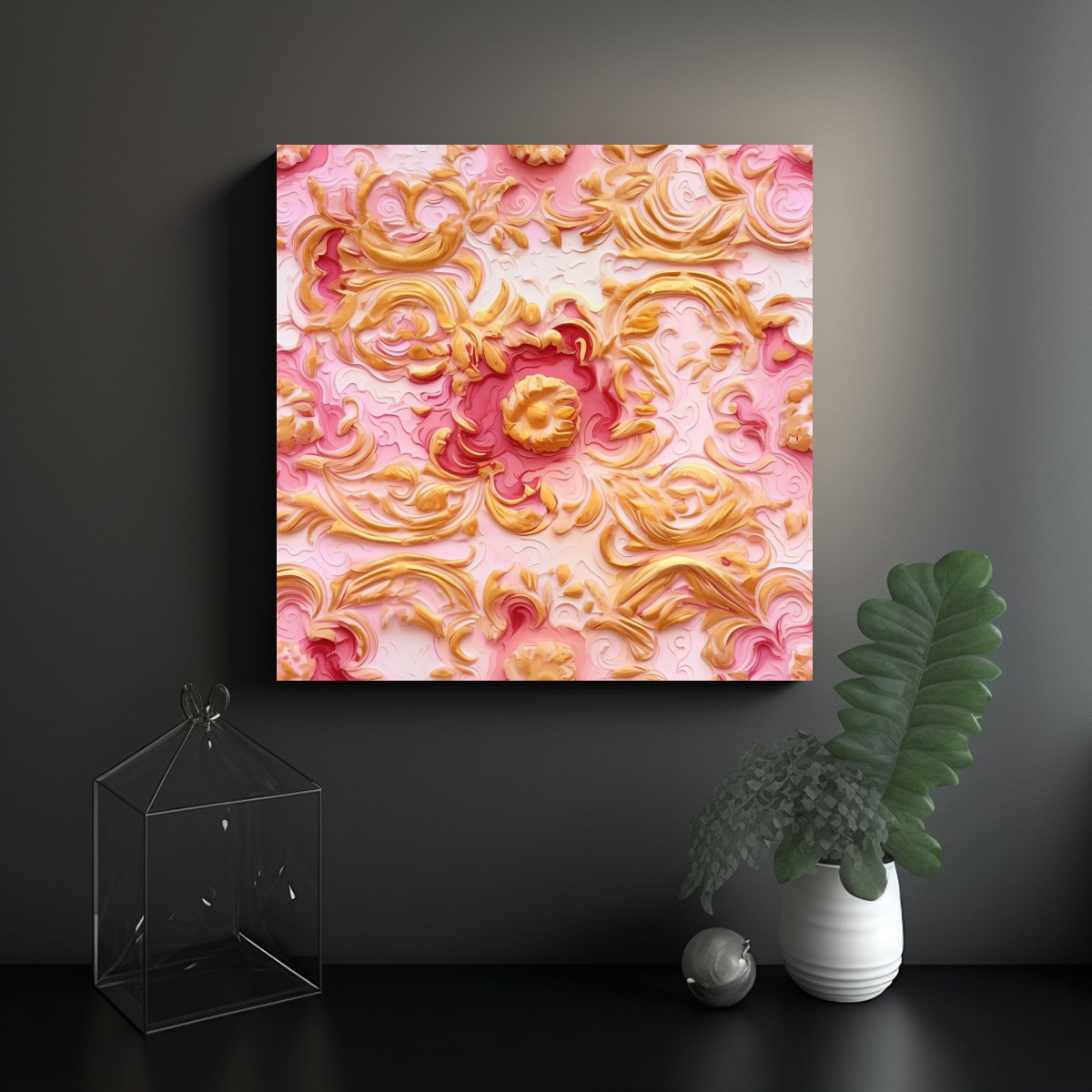 CUADRO MODERNO IMPACTANTE: PINTURA ROSA Y DORADA 80X80 CM - 2