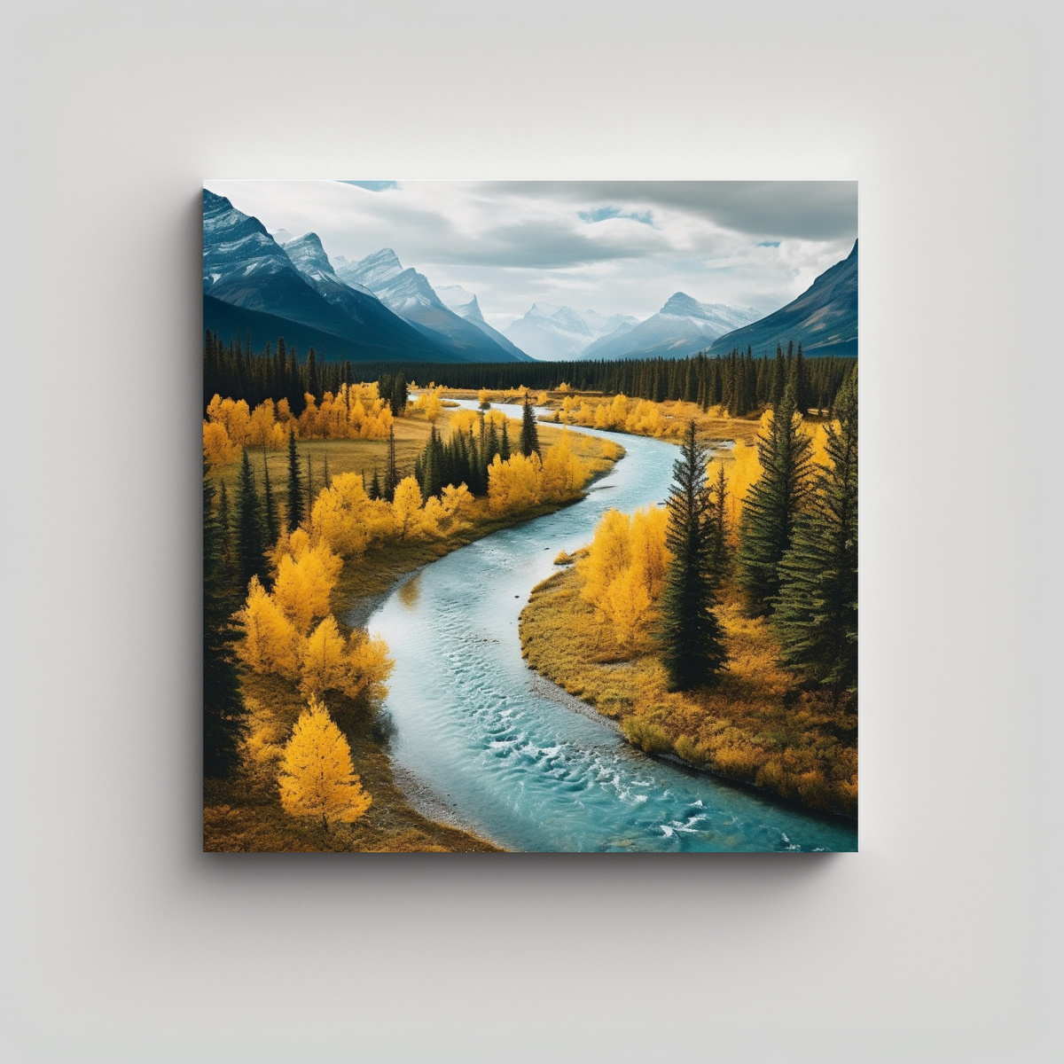 LIENZO DE TELA CON RÍO Y MONTAÑAS AZULES Y 90X90 CM - 1