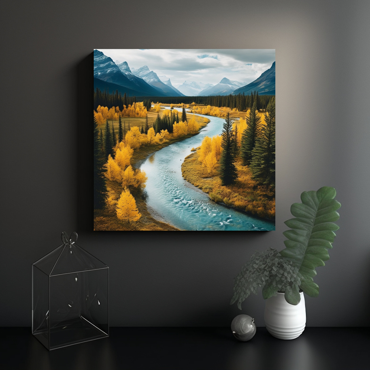 LIENZO DE TELA CON RÍO Y MONTAÑAS AZULES Y 90X90 CM - 2
