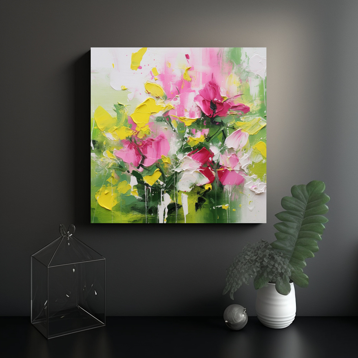 PINTURA ABSTRACTA CON PINTURA ROSA, VERDE Y 50X50 CM - 2