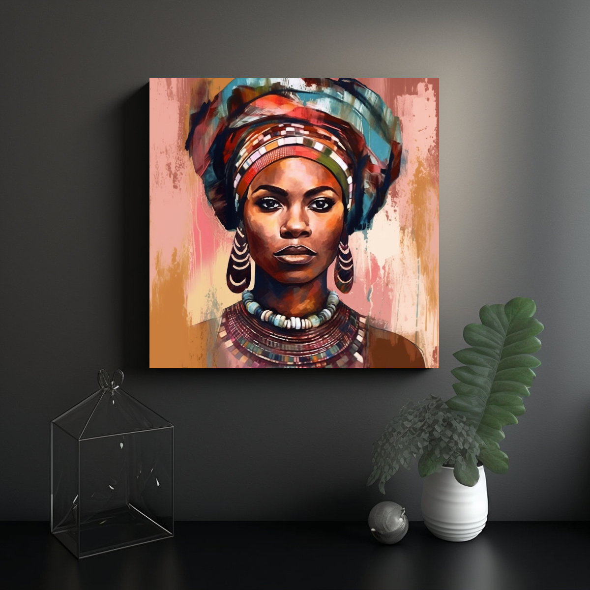 RETRATO MUJER NEGRA ÉTNICA PINTURA ÓLEO MODERNA 50X50 CM - 2