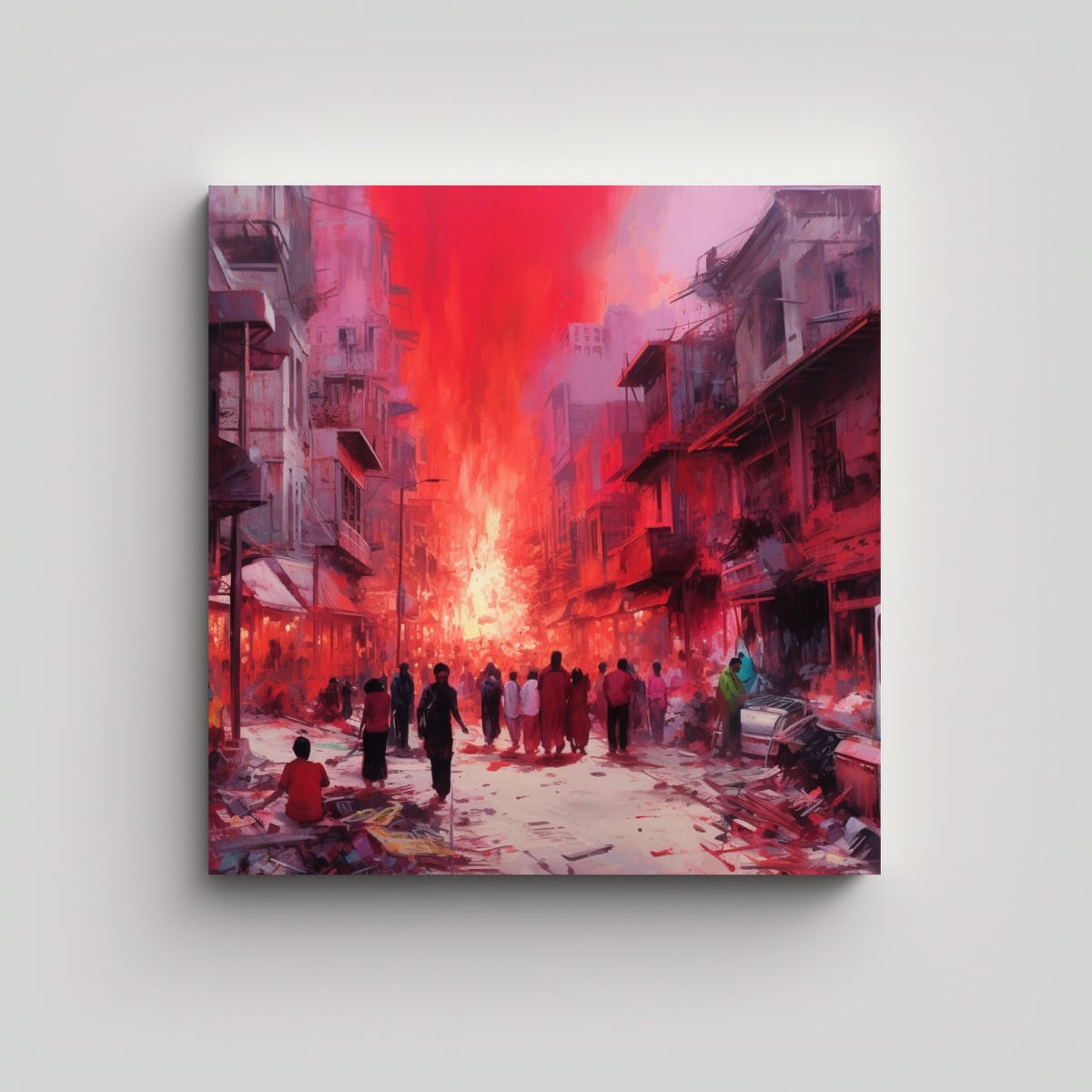 PAISAJE URBANO EN RUINAS CON HUMO ROJO BRILLANTE 100X100 CM - 1