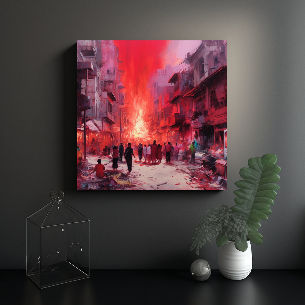 PAISAJE URBANO EN RUINAS CON HUMO ROJO BRILLANTE 100X100 CM - 2