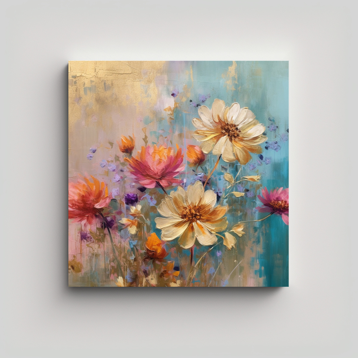 PINTURA ACRÍLICA EN LIENZO, FLORES ABSTRACTAS 80X80 CM - 1