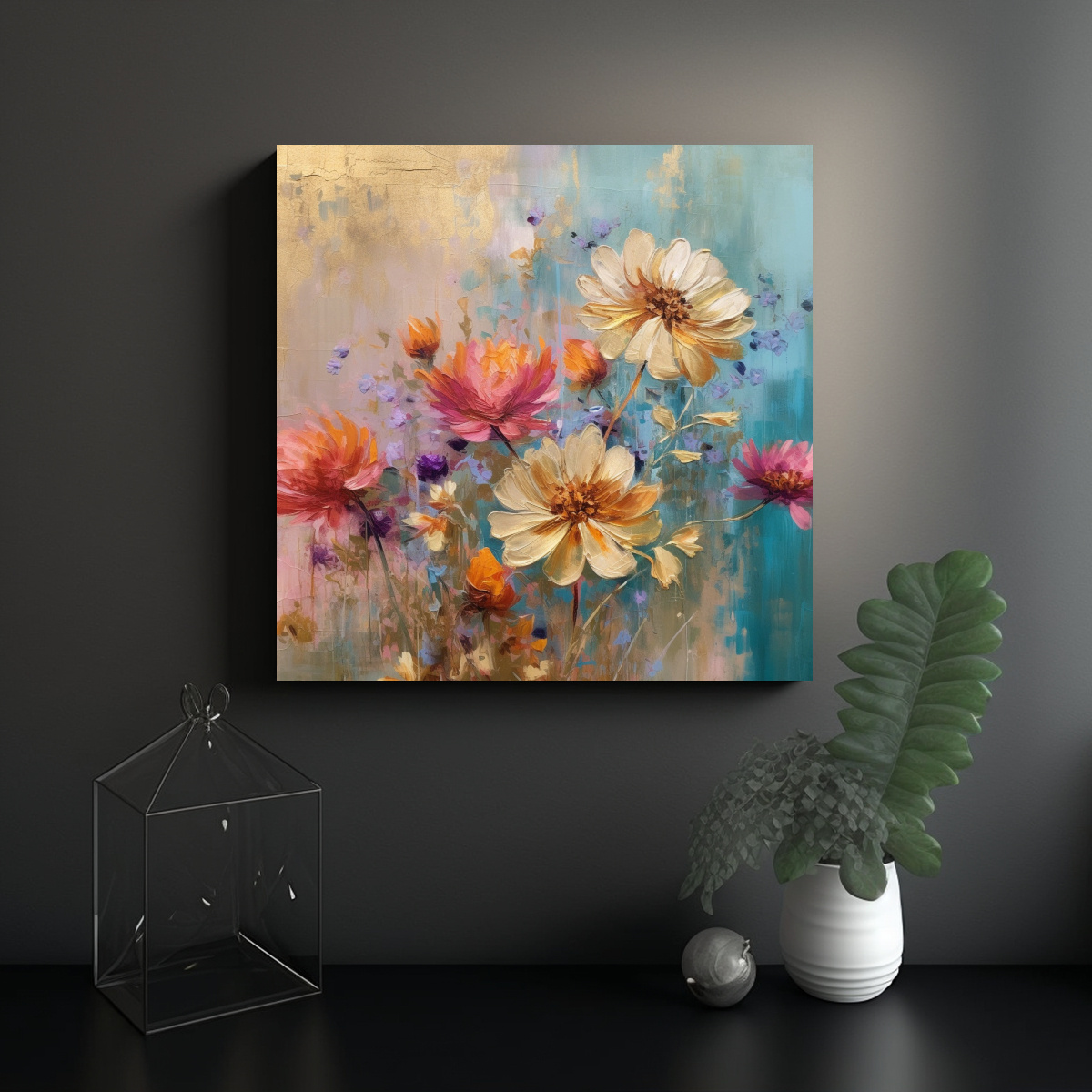 PINTURA ACRÍLICA EN LIENZO, FLORES ABSTRACTAS 80X80 CM - 2