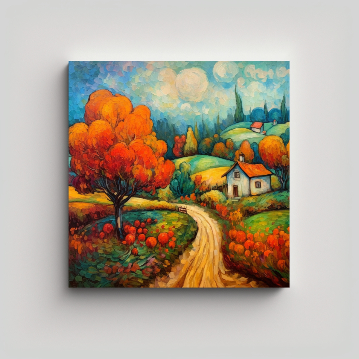 PAISAJE OTOÑAL CON ESTILO DE MARC CHAGALL: ARTE 40X40 CM - 1