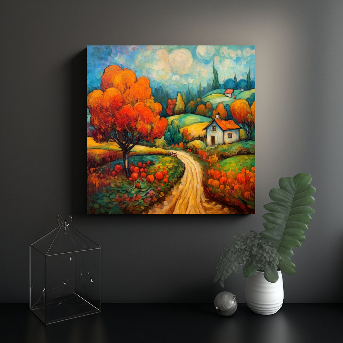 PAISAJE OTOÑAL CON ESTILO DE MARC CHAGALL: ARTE 40X40 CM - 2